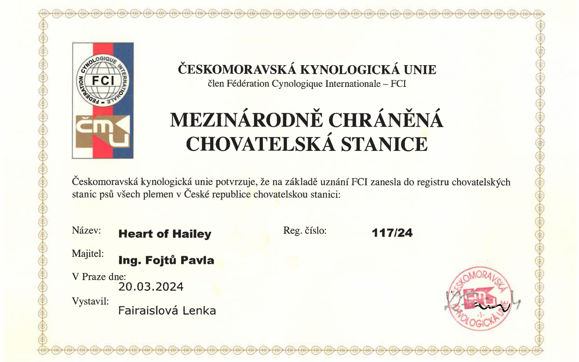 Certifikát CHS Heart of Hailey